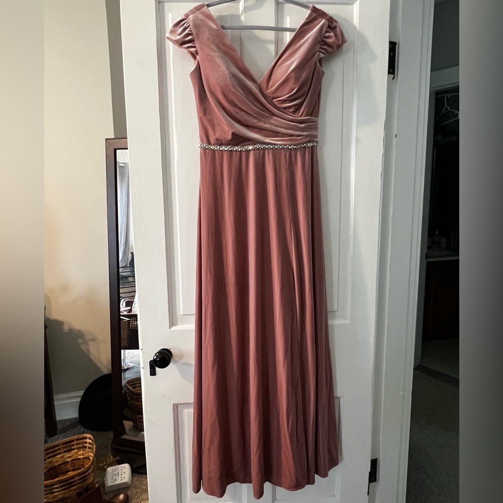 Christina Wu Dusty Pink Velvet, Deep V Neck, Cap Sleeve Maxi Dress for Weddings